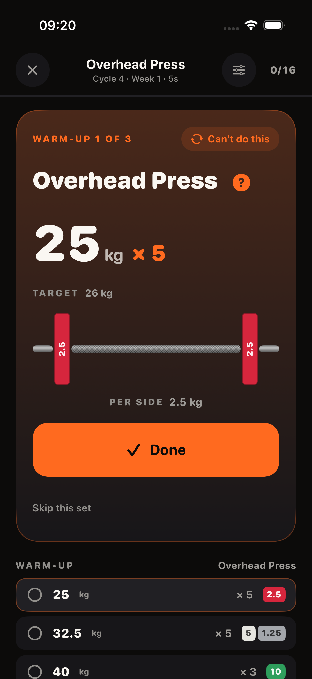 A warm-up set in Knurl: 25 kg for five reps, with a bar drawing showing a 2.5 kg plate each side and a Done button.