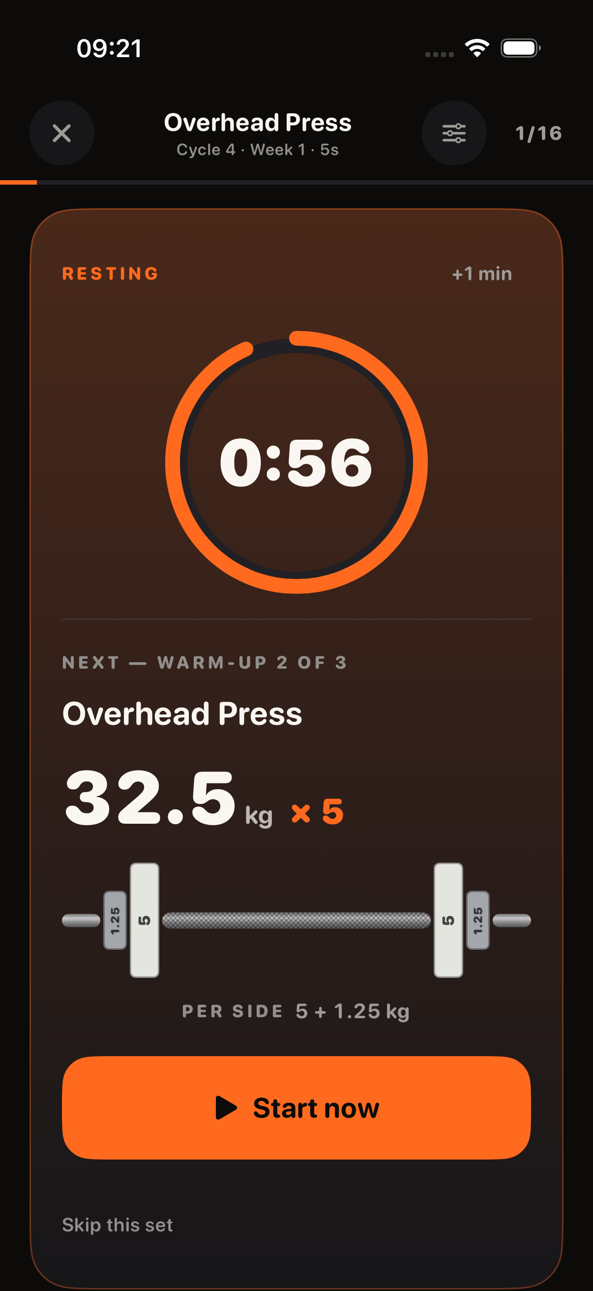 Knurl resting between sets, a countdown reading 56 seconds above the next set of 32.5 kg for five reps.